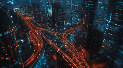 Obraz premium Smart digital Innovation city with connection network reciprocity over the cityscape. of future smart wireless digital city and social media networking systems that connects people with in city