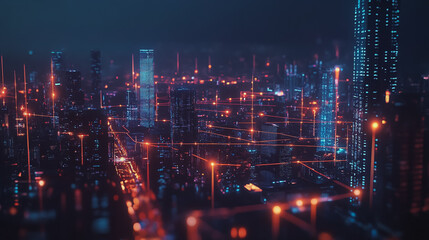 Obraz premium Smart digital Innovation city with connection network reciprocity over the cityscape. of future smart wireless digital city and social media networking systems that connects people with in city