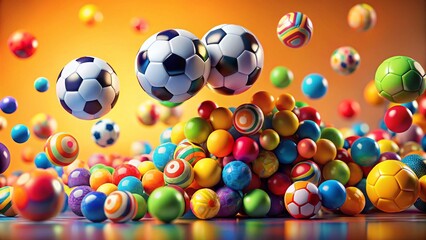 Colorful Floating Balls: Soccer Ball, Playful Freedom & Movement Stock Photo