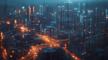 Smart digital Innovation city with connection network reciprocity over the cityscape. of future smart wireless digital city and social media networking systems that connects people with in city