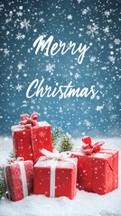 Christmas backdrop with snowy ground, gifts, and white "Merry Christmas" text-2
