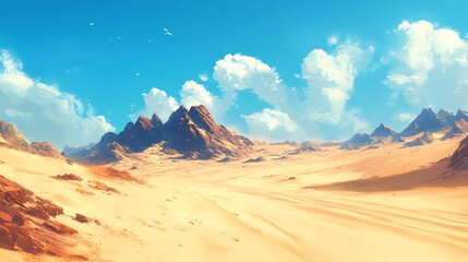 Naklejka premium Stunning Wide Shot Digital Painting: Sun-Drenched Desert Landscape with Majestic Mountains. AI Generated