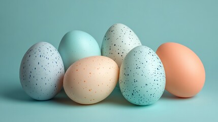 Six speckled eggs in soft pastel colors are placed against a light blue backdrop, presenting a...