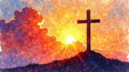 Illustration of a wooden cross on top of a mountain at sunrise.