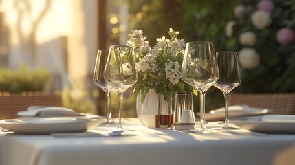 Golden-Hour Photo: Elegant Table Setting with Flowers, Outdoor Restaurant. AI Generated