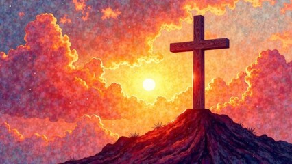 Obraz premium Illustration of a wooden cross on top of a mountain at sunrise.