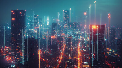 Obraz premium Smart digital Innovation city with connection network reciprocity over the cityscape. of future smart wireless digital city and social media networking systems that connects people with in city