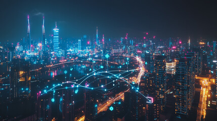 Obraz premium Smart digital Innovation city with connection network reciprocity over the cityscape. of future smart wireless digital city and social media networking systems that connects people with in city