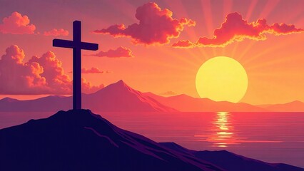 Illustration of a wooden cross on top of a mountain at sunrise.