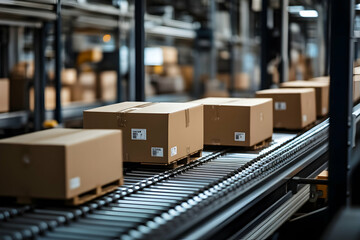 Automated Packaging Process With Boxes on Conveyor in a Logistics and Distribution Center. Generative AI