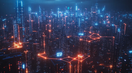 Smart digital Innovation city with connection network reciprocity over the cityscape. of future smart wireless digital city and social media networking systems that connects people with in city