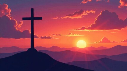 Obraz premium Illustration of a wooden cross on top of a mountain at sunrise.