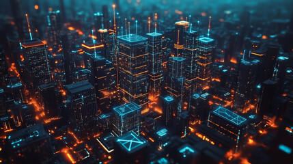 Smart digital Innovation city with connection network reciprocity over the cityscape. of future smart wireless digital city and social media networking systems that connects people with in city
