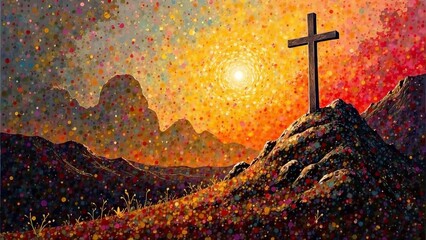 Illustration of a wooden cross on top of a mountain at sunrise.