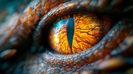 Fototapeta premium Realistic colorful eye of evil dinosaur beast. Predator vision.