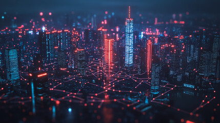 Fototapeta premium Smart digital Innovation city with connection network reciprocity over the cityscape. of future smart wireless digital city and social media networking systems that connects people with in city