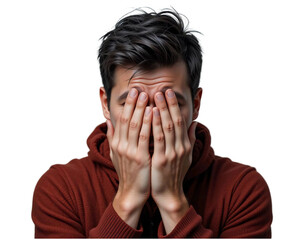 Sad expression concept. Man covering his face with both hands as sign of sadness. Suitable for marketing or business purposes. PNG file