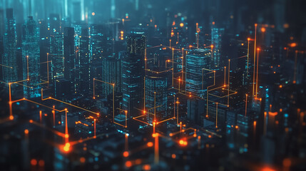 Fototapeta premium Smart digital Innovation city with connection network reciprocity over the cityscape. of future smart wireless digital city and social media networking systems that connects people with in city