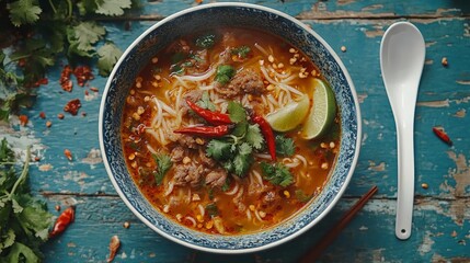 Vietnamese Pho Soup with Herbs and Lime Garnish