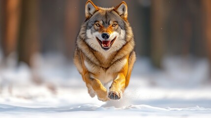 Naklejka premium Majestic wolf running in snowy forest.