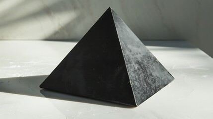 A smooth black pyramid casting a shadow on a light gray surface below
