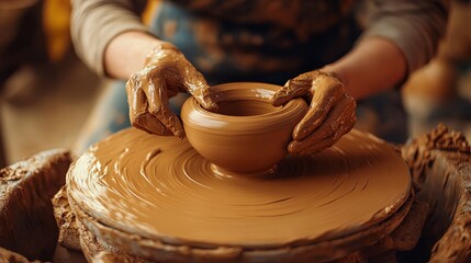 An artisan's hands skillfully mold a clay bowl on a pottery wheel, showcasing the traditional craft of pottery making in a beautifully captured moment.