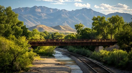 Obraz premium Rustic Bridge Tranquilly Spanning Mountain River: Wide Shot Photo. AI Generated