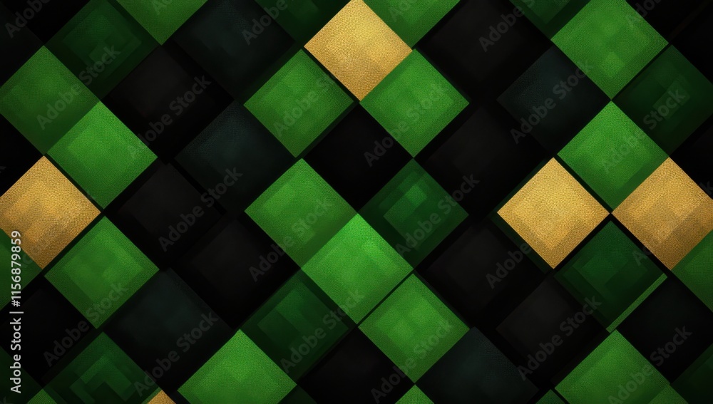 Poster abstract geometric pattern with green and golden squares on a dark background, creating a modern and