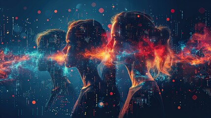 flat design, illustration, The Collaboration of AI and Humans: Teams blending human creativity with AI efficiency