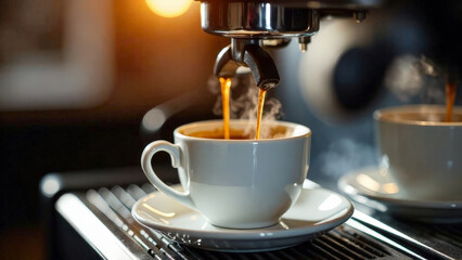 Fresh coffee with steam is poured from the coffee machine into a cup.