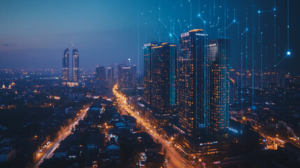 Fototapeta premium Smart digital Innovation city with connection network reciprocity over the cityscape. of future smart wireless digital city and social media networking systems that connects people with in city