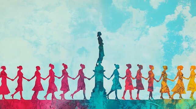 Vibrant Digital Painting: Women Supporting Aspiring Leader Against Sky Background. AI Generated