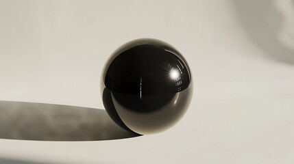 A smooth black sphere reflecting light against a solid white backdrop