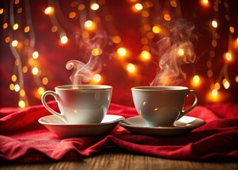 Fototapeta premium Cozy Christmas Tea Cups: Red Fabric Festive Greeting Card