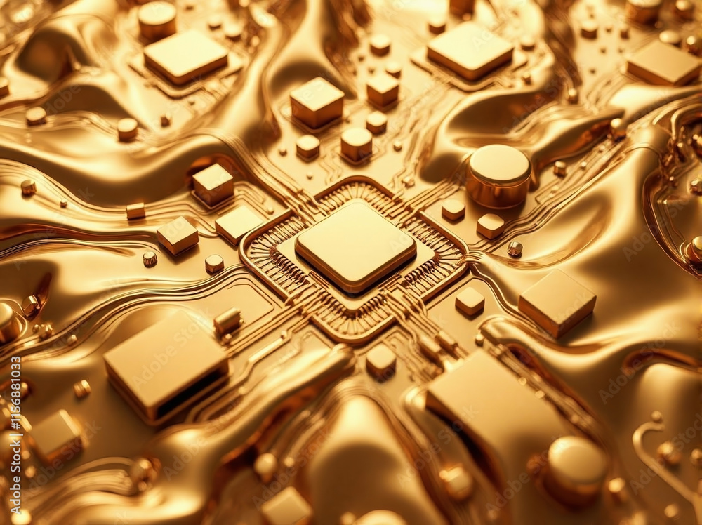 Poster liquid gold cpu chip motherboard computer processor. smart chip circuit board. computer, data, techn