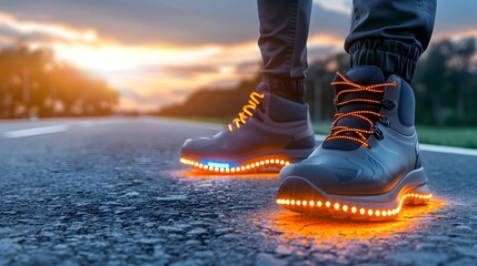 Illuminated Sneakers on a Road at Sunset with a Vibrant Horizon