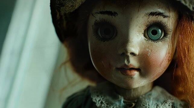 Eerie Antique Doll: A Creepy Close-Up Portrait