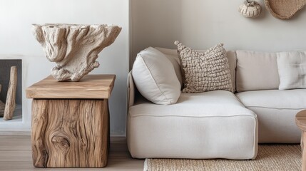 A Scandinavian living room with a wooden side table, a neutral sectional sofa, and textured decorative elements