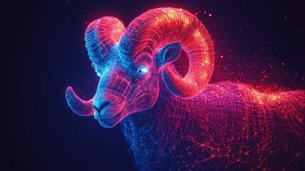 This digital illustration depicts a ram in a luminescent wireframe style, using vivid red and blue hues, blending futuristic concepts with traditional symbolism.