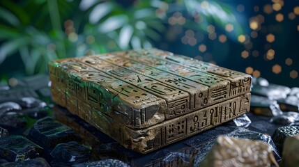 Ancient artifact box with intricate carvings and lush greenery
