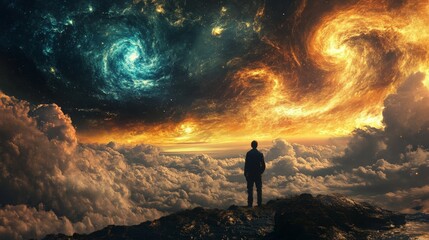 Obraz premium A Solitary Figure Contemplates a Celestial Tapestry of Fire and Nebulae Above a Sea of Clouds