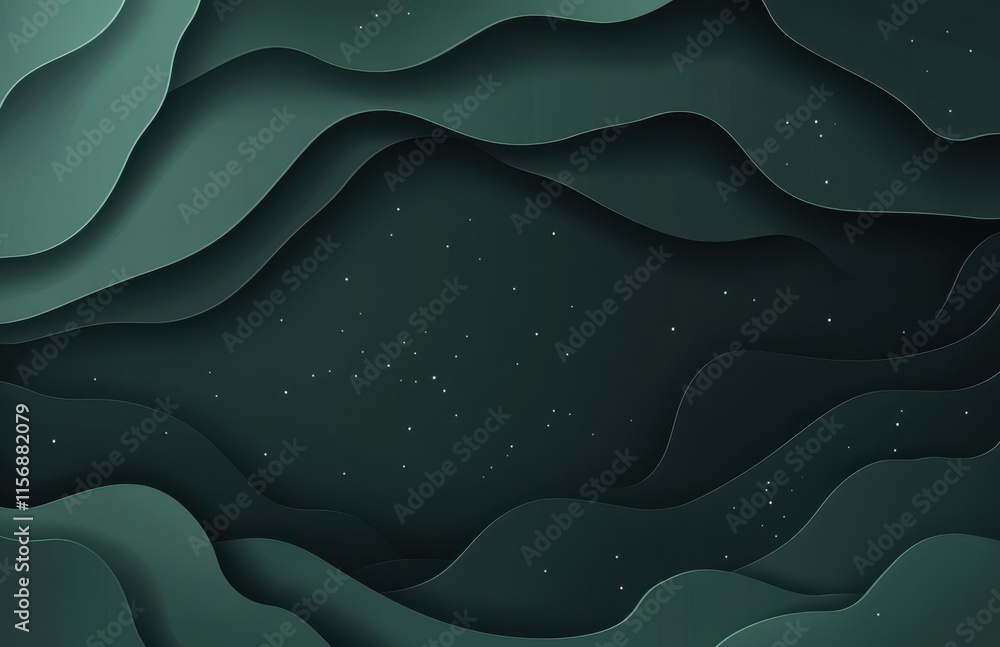 Poster abstract layered green background with curving waves, soft textures, and gentle shadows creating a c