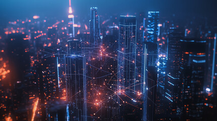 Smart digital Innovation city with connection network reciprocity over the cityscape. of future smart wireless digital city and social media networking systems that connects people with in city