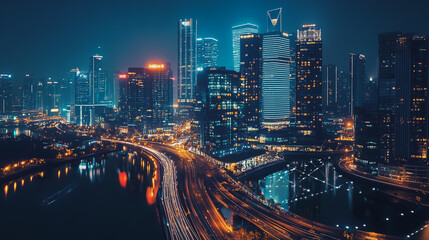 Obraz premium Smart digital Innovation city with connection network reciprocity over the cityscape. of future smart wireless digital city and social media networking systems that connects people with in city