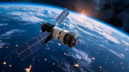 High-Tech Satellite Orbiting Earth with Solar Panels and Stars