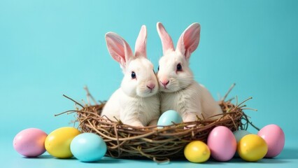 Easter bunnies in a nest with painted eggs.