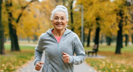 Active mature caucasian female enjoying autumn park jogging for health and fitness motivation