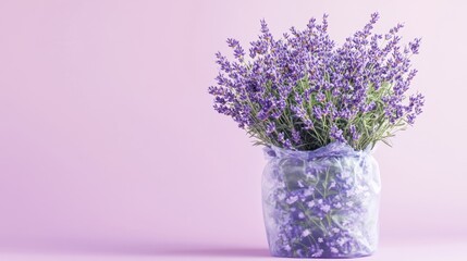 Obraz premium Beautiful Lavender Bouquet in Clear Vase on Soft Pink Background