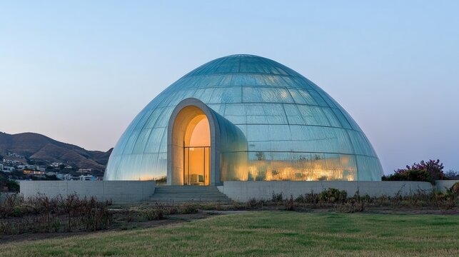Modern glass dome structure at dusk.