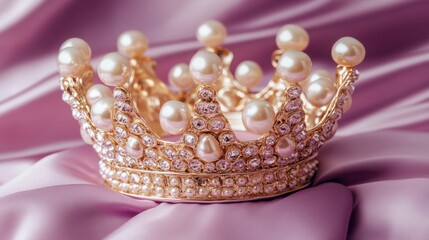 Elegant Pearl Crown on Soft Pink Satin Background for Royalty Theme